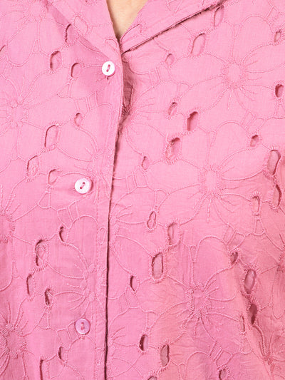 Pink 100% Cotton Resort Collar Semi-Sheer Cropped Shirt-Women Shirts-Crimsoune Club