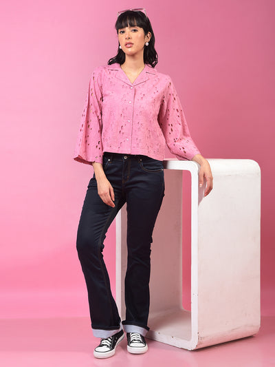 Pink 100% Cotton Resort Collar Semi-Sheer Cropped Shirt-Women Shirts-Crimsoune Club