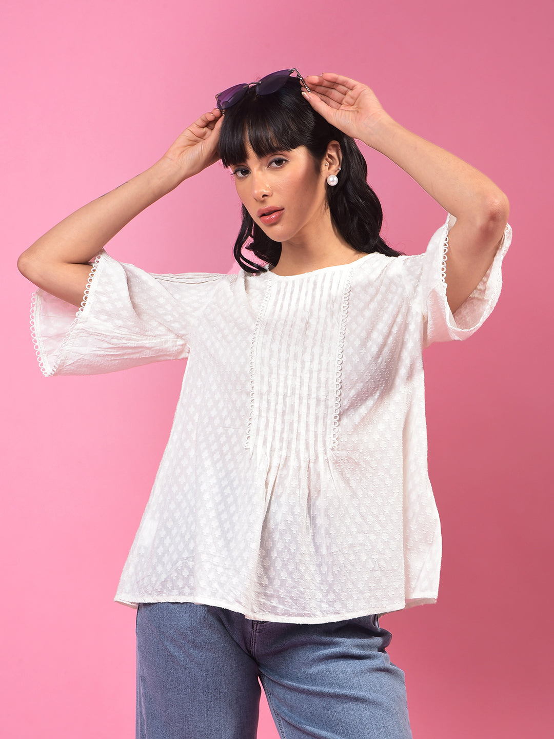 White Embroidered 100% Cotton Top-Women Tops-Crimsoune Club