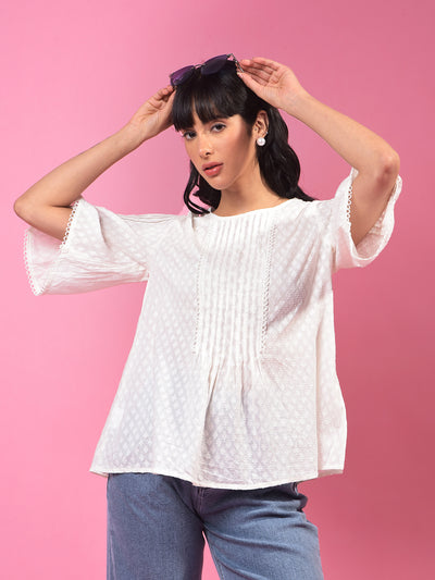 White Embroidered 100% Cotton Top-Women Tops-Crimsoune Club