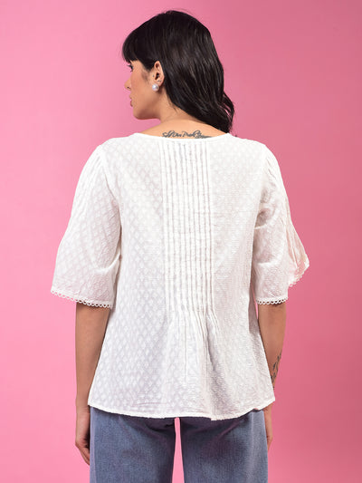 White Embroidered 100% Cotton Top-Women Tops-Crimsoune Club