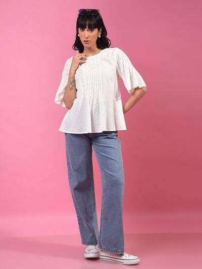 White Embroidered 100% Cotton Top-Women Tops-Crimsoune Club