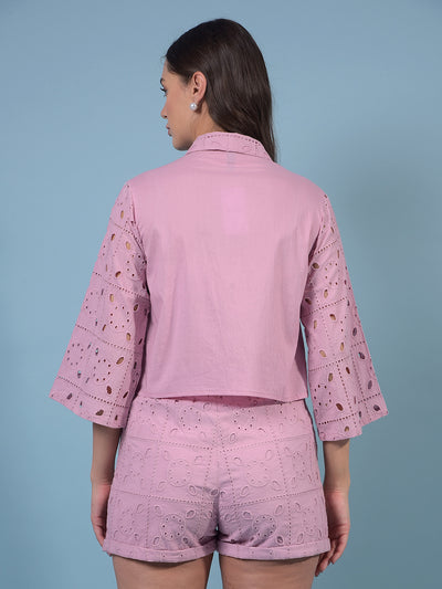 Women's Purple Jacquard 100% Cotton Crop-Length Semi Sheer Shirt-Women Shirts-Crimsoune Club