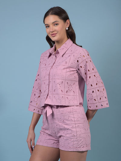 Women's Purple Jacquard 100% Cotton Crop-Length Semi Sheer Shirt-Women Shirts-Crimsoune Club
