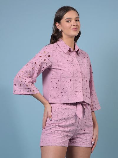 Women's Purple Jacquard 100% Cotton Crop-Length Semi Sheer Shirt-Women Shirts-Crimsoune Club