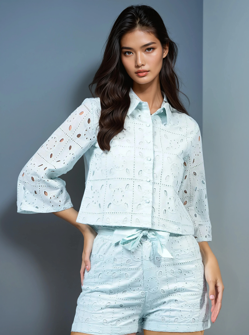 Women's Blue Jacquard 100% Cotton Crop-Length Semi Sheer Shirt-Women Shirts-Crimsoune Club