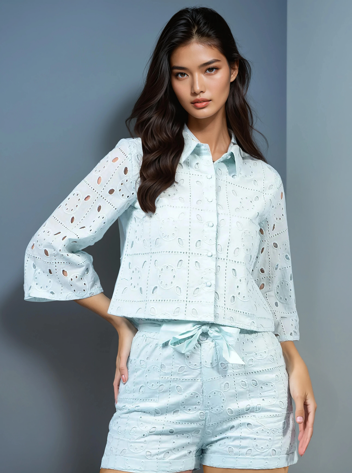 Women's Blue Jacquard 100% Cotton Crop-Length Semi Sheer Shirt-Women Shirts-Crimsoune Club