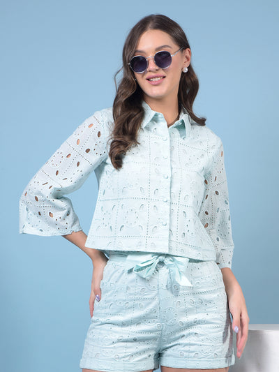 Women's Blue Jacquard 100% Cotton Crop-Length Semi Sheer Shirt-Women Shirts-Crimsoune Club