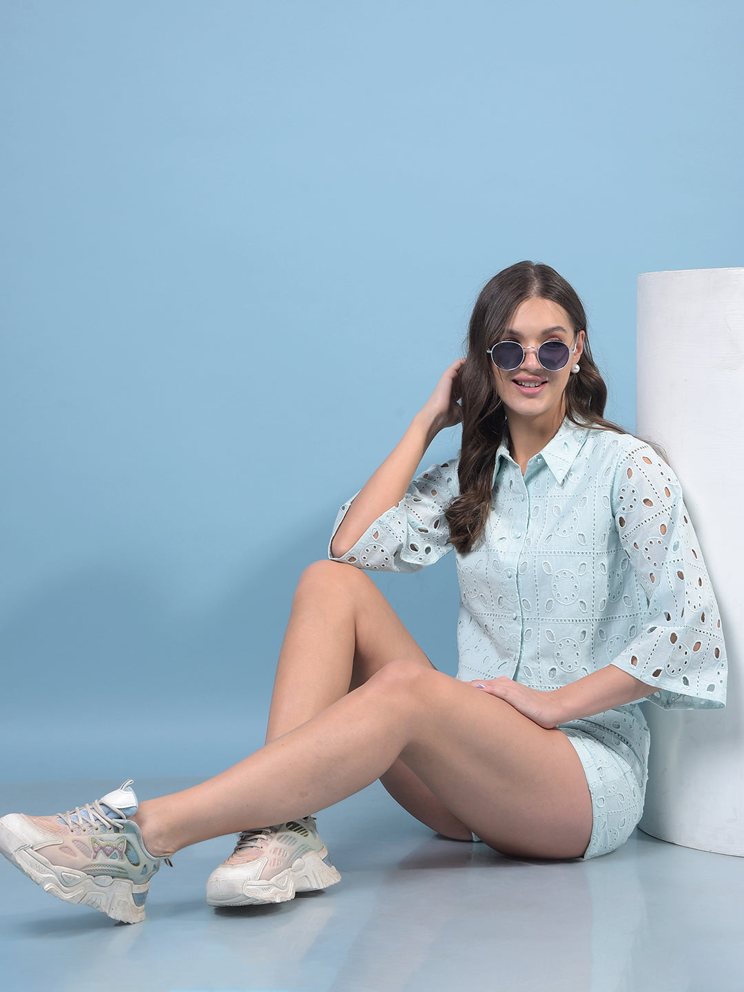 Women's Blue Jacquard 100% Cotton Crop-Length Semi Sheer Shirt-Women Shirts-Crimsoune Club