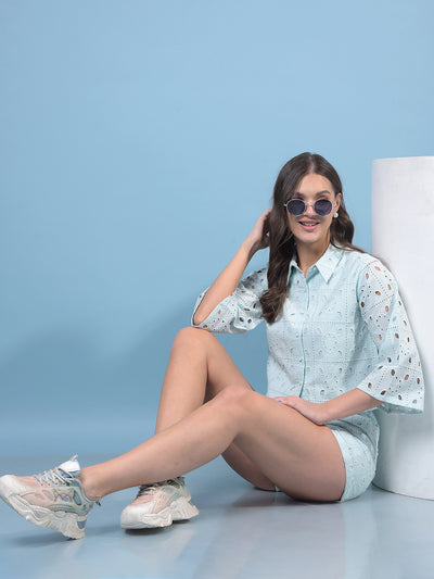 Women's Blue Jacquard 100% Cotton Crop-Length Semi Sheer Shirt-Women Shirts-Crimsoune Club