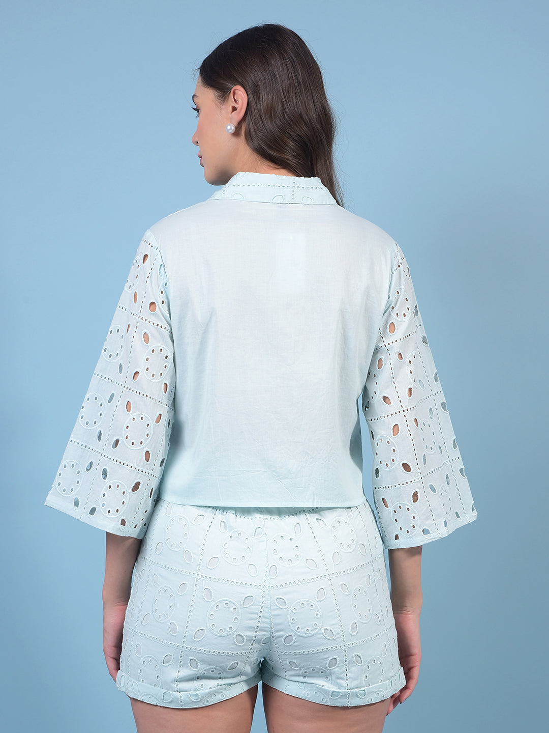 Women's Blue Jacquard 100% Cotton Crop-Length Semi Sheer Shirt-Women Shirts-Crimsoune Club