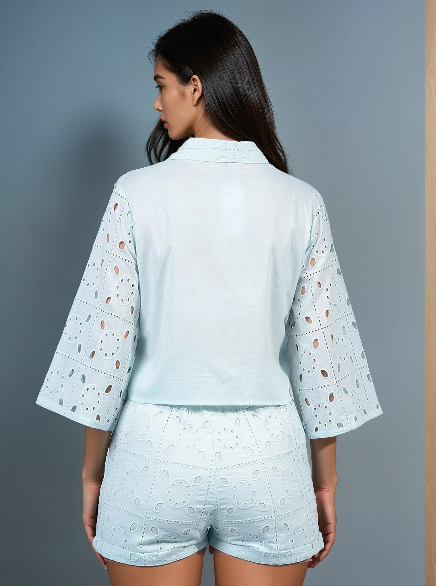 Women's Blue Jacquard 100% Cotton Crop-Length Semi Sheer Shirt-Women Shirts-Crimsoune Club