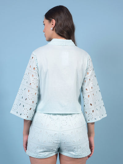 Women's Blue Jacquard 100% Cotton Crop-Length Semi Sheer Shirt-Women Shirts-Crimsoune Club