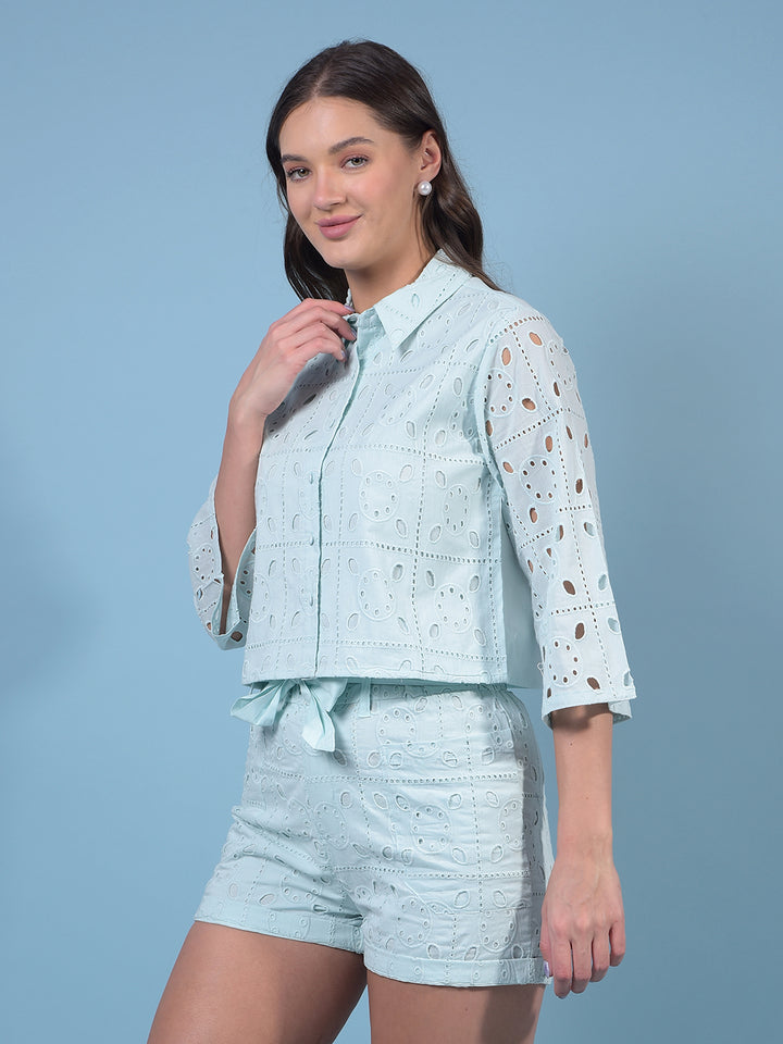 Women's Blue Jacquard 100% Cotton Crop-Length Semi Sheer Shirt-Women Shirts-Crimsoune Club