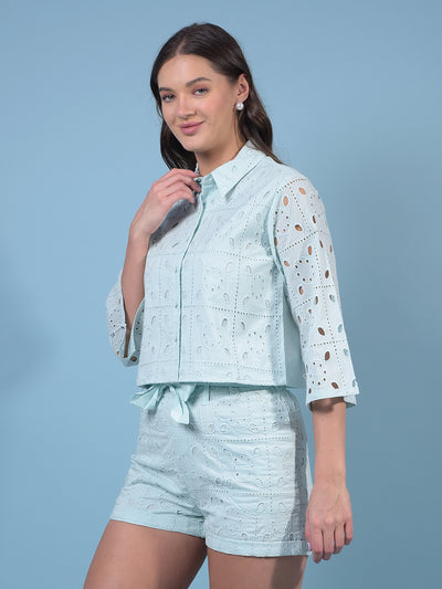 Women's Blue Jacquard 100% Cotton Crop-Length Semi Sheer Shirt-Women Shirts-Crimsoune Club