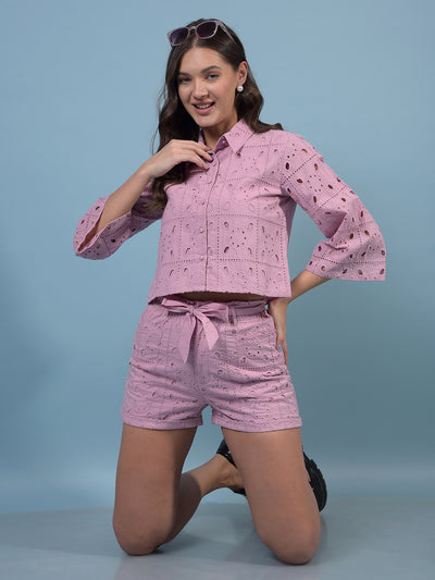 Women's Purple Jacquard 100% Cotton Shorts-Women Shorts-Crimsoune Club
