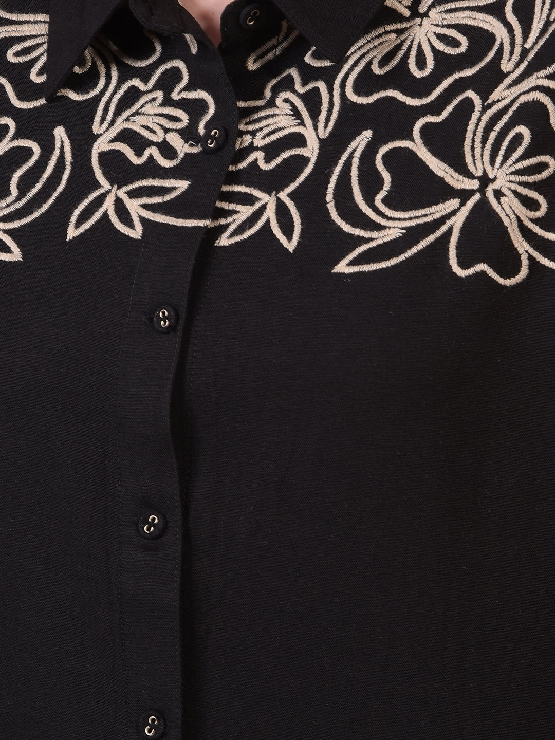 Women's Black Embroidered Linen Shirt-Women Shirts-Crimsoune Club