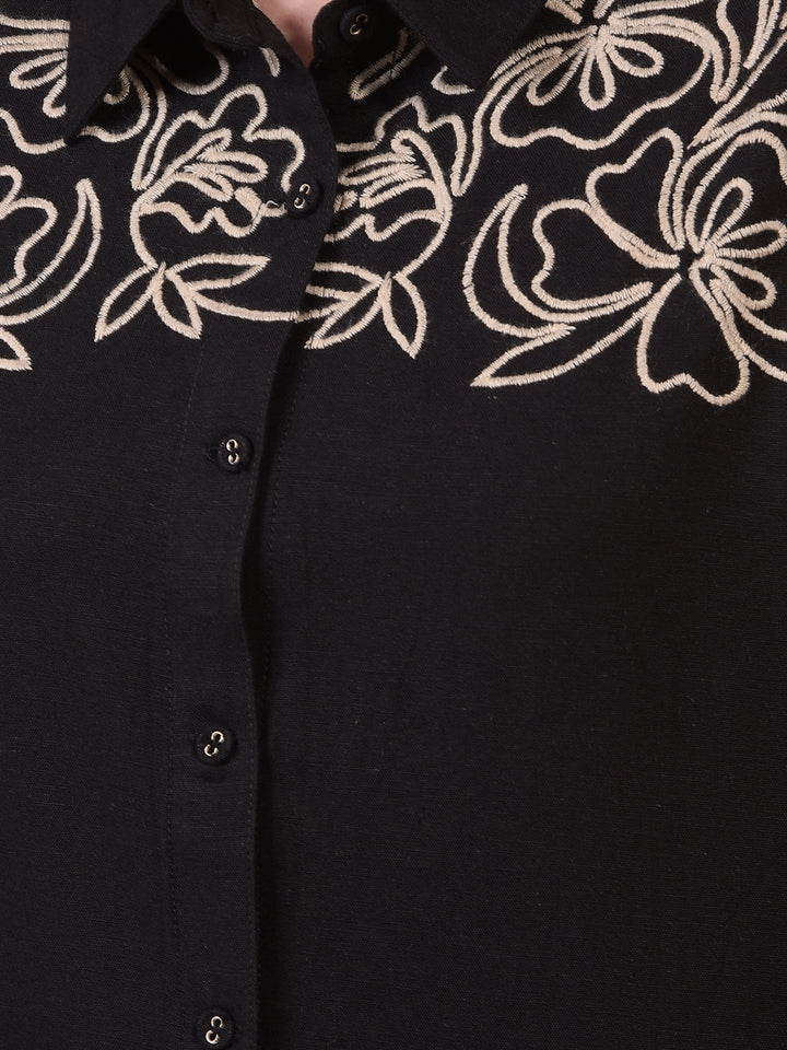 Women's Black Embroidered Linen Shirt-Women Shirts-Crimsoune Club