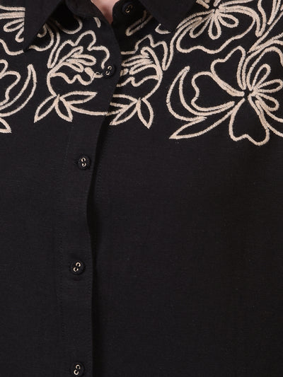 Women's Black Embroidered Linen Shirt-Women Shirts-Crimsoune Club