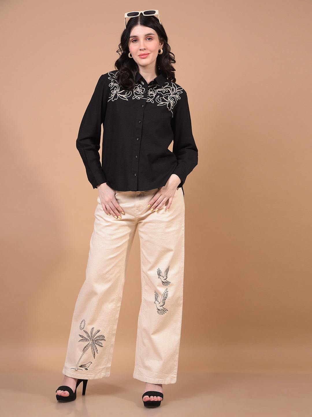 Women's Black Embroidered Linen Shirt-Women Shirts-Crimsoune Club