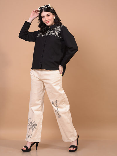 Women's Black Embroidered Linen Shirt-Women Shirts-Crimsoune Club