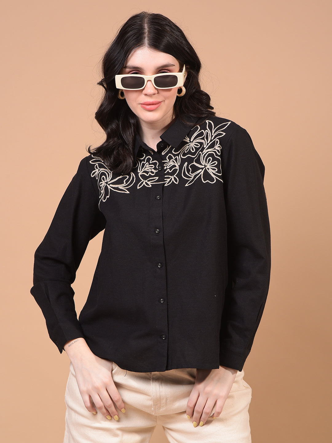 Women's Black Embroidered Linen Shirt-Women Shirts-Crimsoune Club