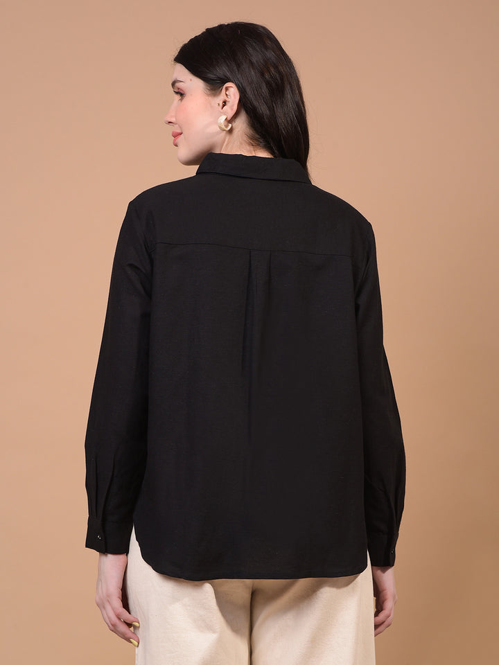 Women's Black Embroidered Linen Shirt-Women Shirts-Crimsoune Club