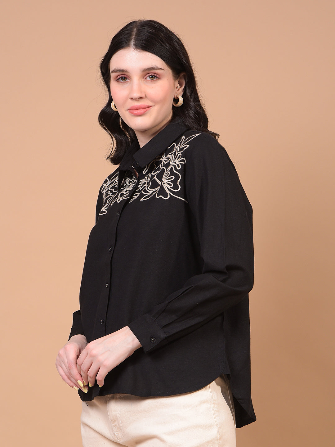 Women's Black Embroidered Linen Shirt-Women Shirts-Crimsoune Club
