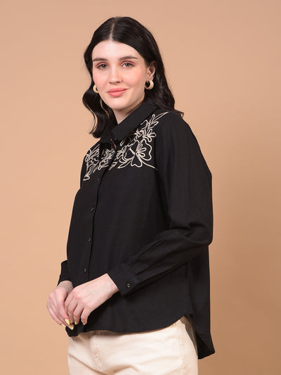 Women's Black Embroidered Linen Shirt-Women Shirts-Crimsoune Club