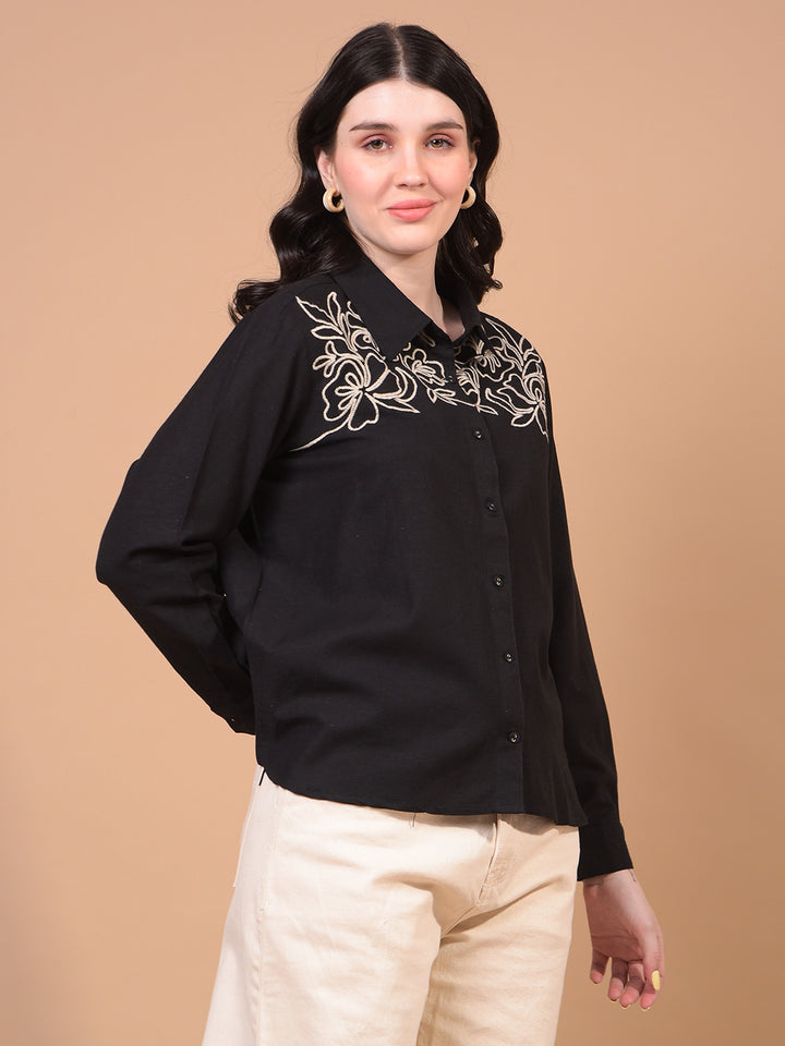Women's Black Embroidered Linen Shirt-Women Shirts-Crimsoune Club