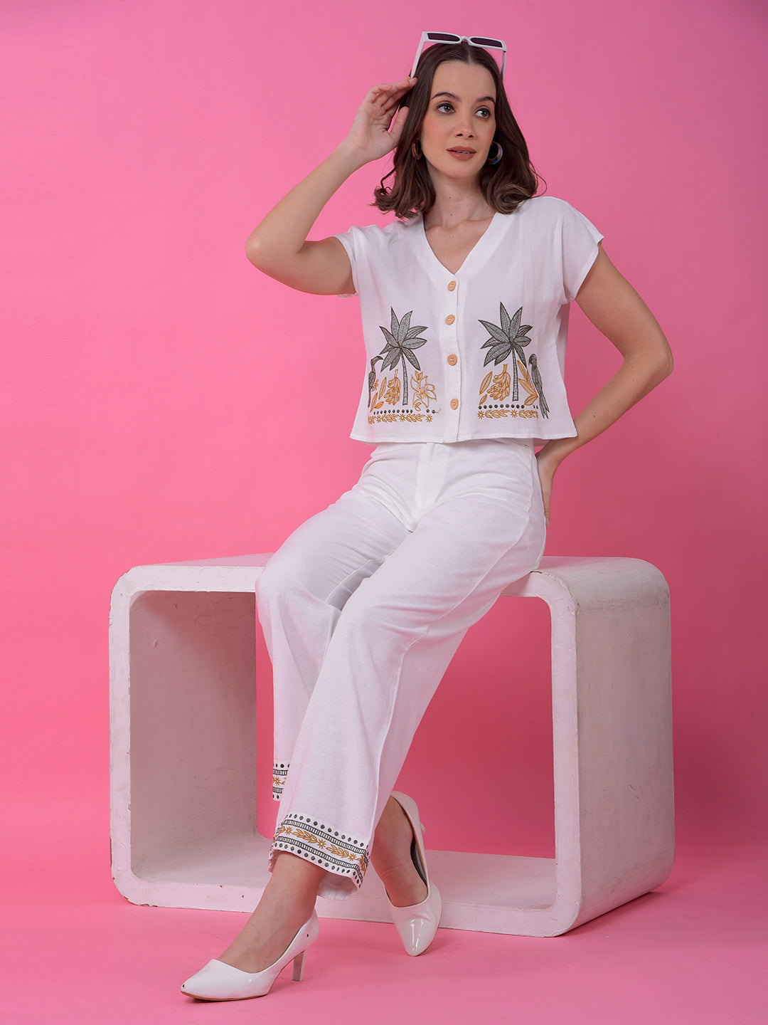 White Embroidered Linen Palazzo-Women Palazzos-Crimsoune Club