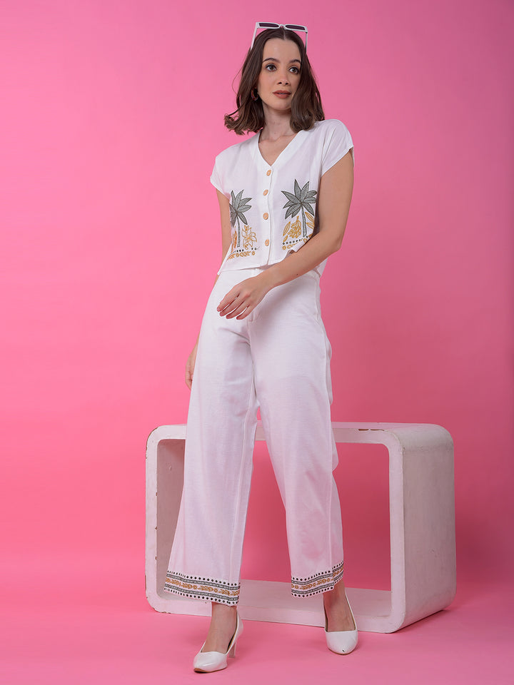 White Embroidered Linen Palazzo-Women Palazzos-Crimsoune Club