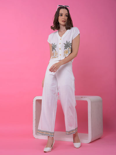 White Embroidered Linen Palazzo-Women Palazzos-Crimsoune Club