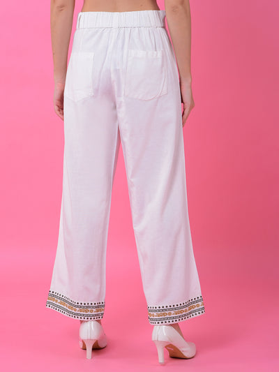 White Embroidered Linen Palazzo-Women Palazzos-Crimsoune Club