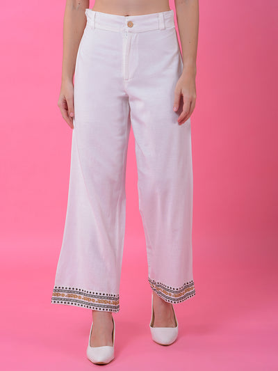 White Embroidered Linen Palazzo-Women Palazzos-Crimsoune Club