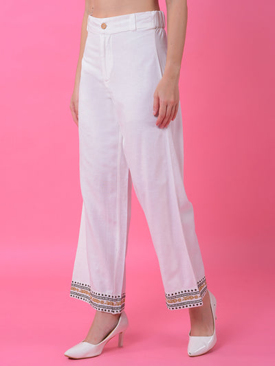 White Embroidered Linen Palazzo-Women Palazzos-Crimsoune Club