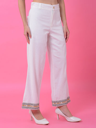 White Embroidered Linen Palazzo-Women Palazzos-Crimsoune Club