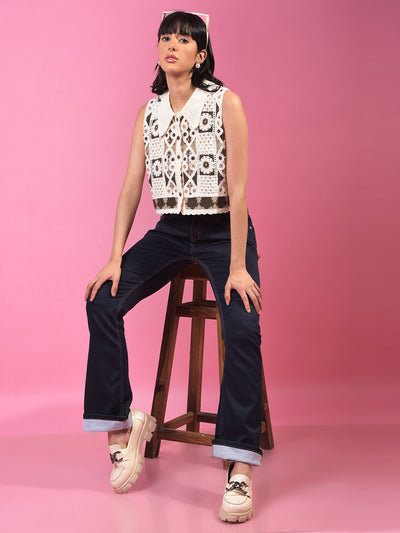 Brown Embroidered Sleeveless Cropped Semi-Sheer Shirt-Women Shirts-Crimsoune Club