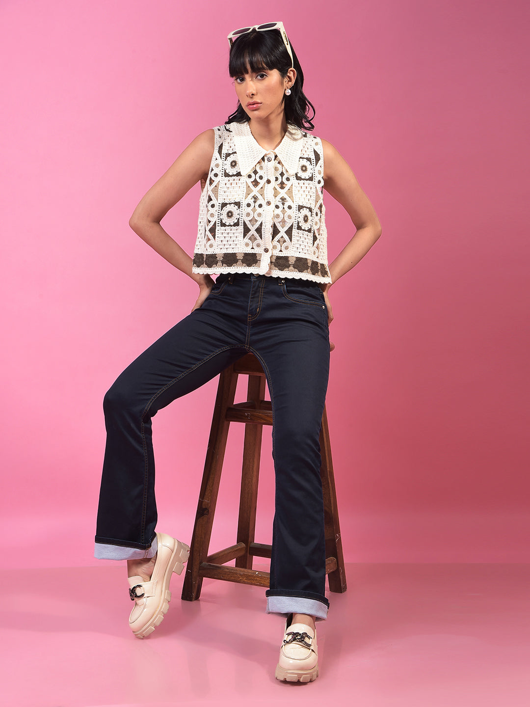 Brown Embroidered Sleeveless Cropped Semi-Sheer Shirt-Women Shirts-Crimsoune Club