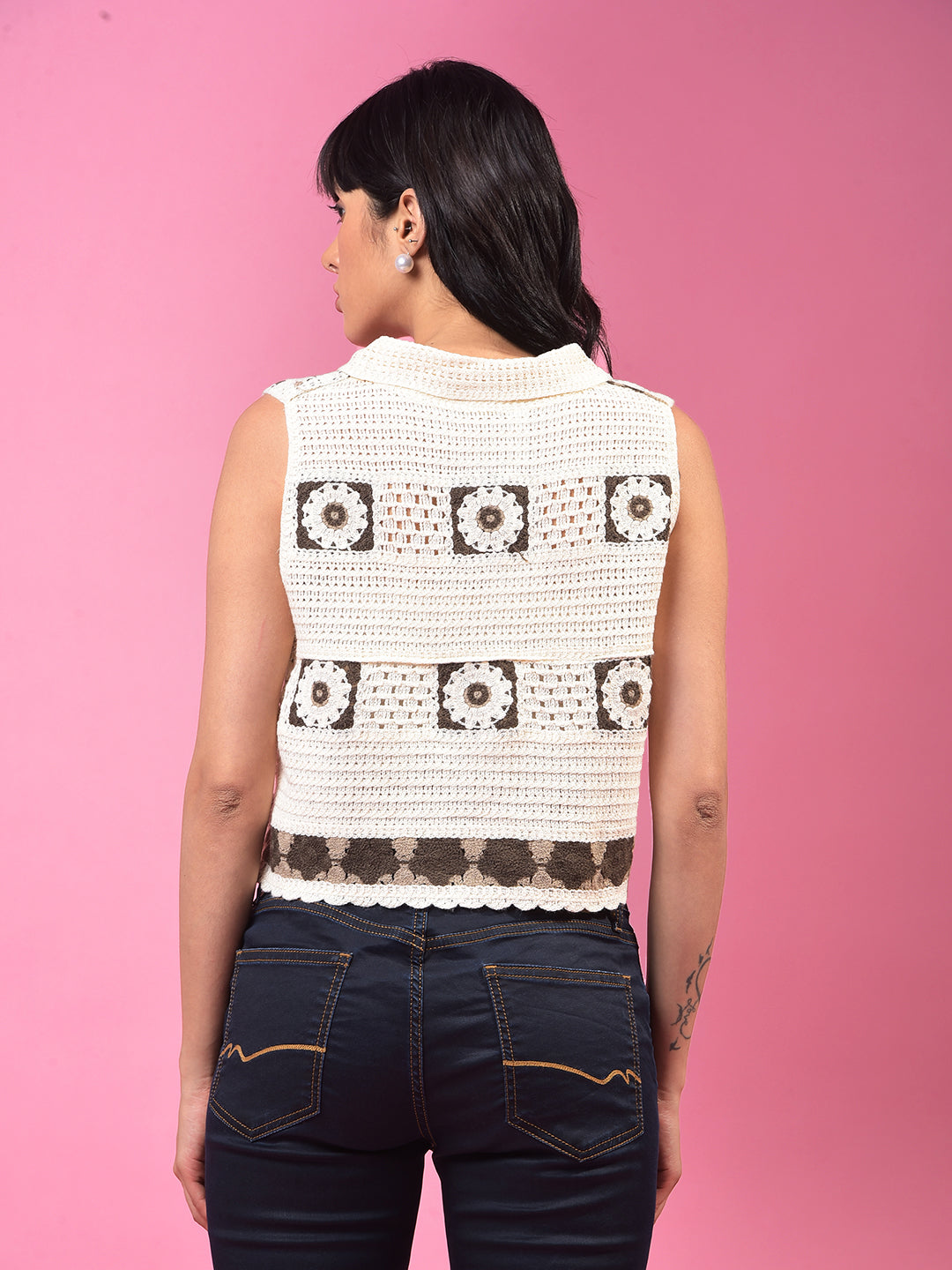 Brown Embroidered Sleeveless Cropped Semi-Sheer Shirt-Women Shirts-Crimsoune Club