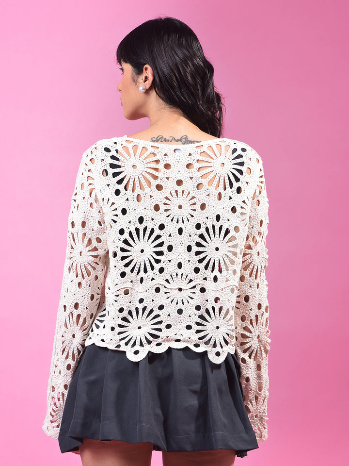 Beige Embroidered 100% Cotton Crochet Shrug-Women Shrugs-Crimsoune Club