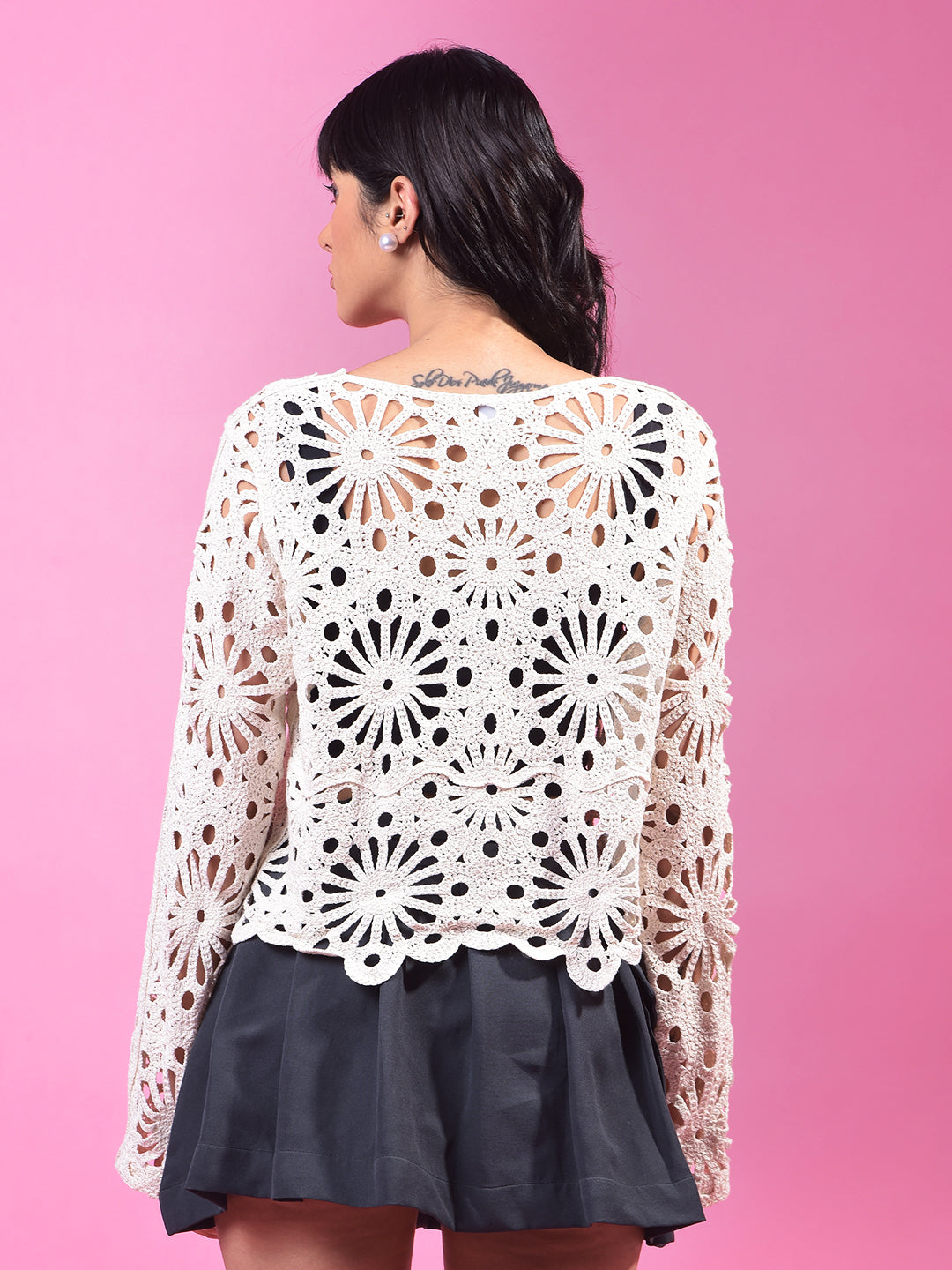 Beige Embroidered 100% Cotton Crochet Shrug-Women Shrugs-Crimsoune Club