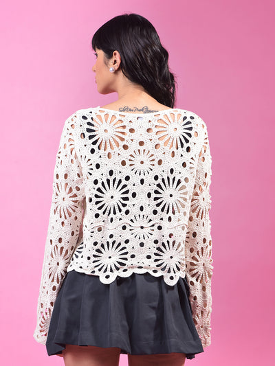 Beige Embroidered 100% Cotton Crochet Shrug-Women Shrugs-Crimsoune Club