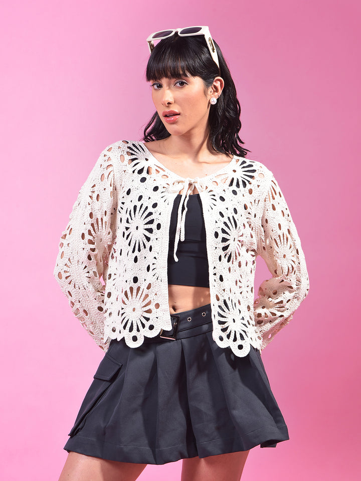 Beige Embroidered 100% Cotton Crochet Shrug-Women Shrugs-Crimsoune Club