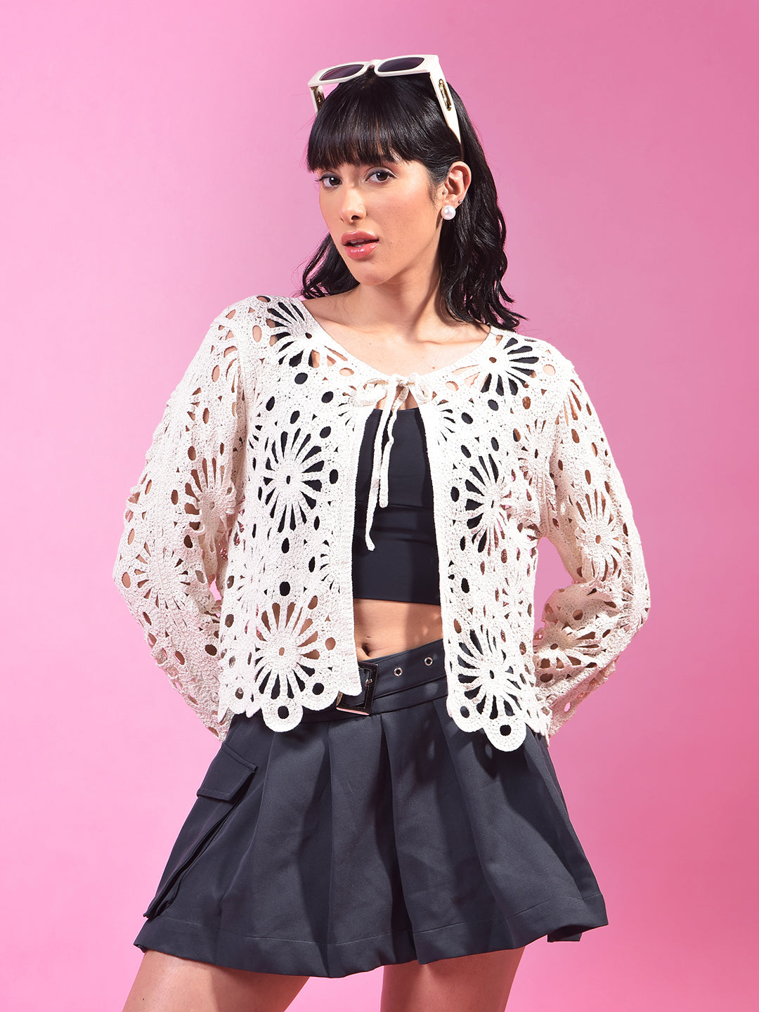 Beige Embroidered 100% Cotton Crochet Shrug-Women Shrugs-Crimsoune Club