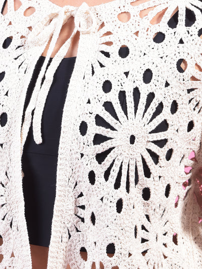 Beige Embroidered 100% Cotton Crochet Shrug-Women Shrugs-Crimsoune Club
