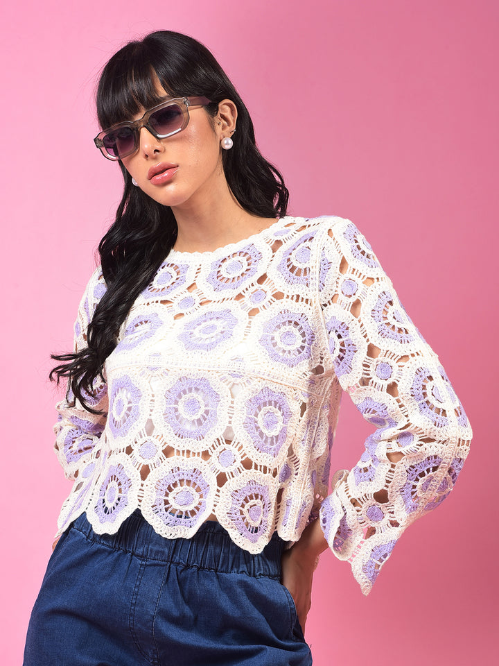 Purple Embroidered Crochet Top-Women Tops-Crimsoune Club