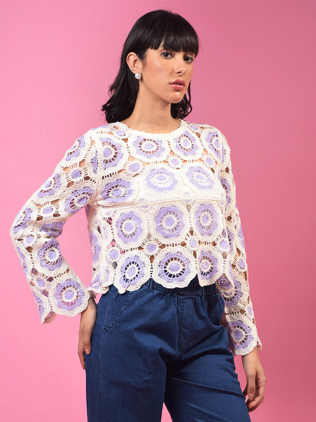 Purple Embroidered Crochet Top-Women Tops-Crimsoune Club