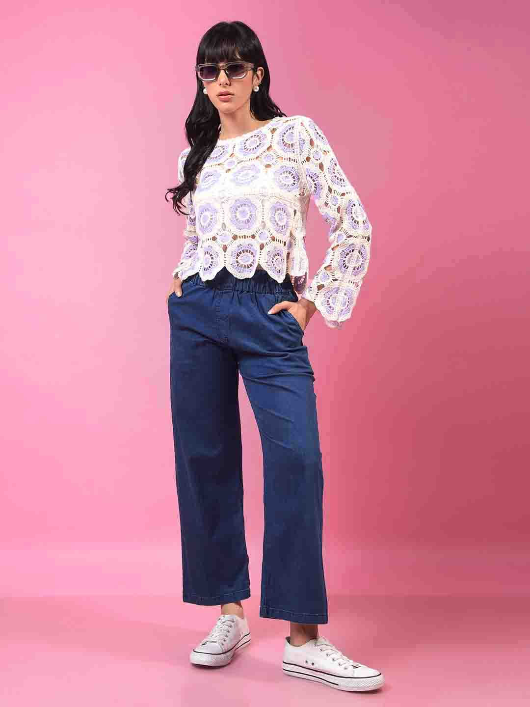 Purple Embroidered Crochet Top-Women Tops-Crimsoune Club