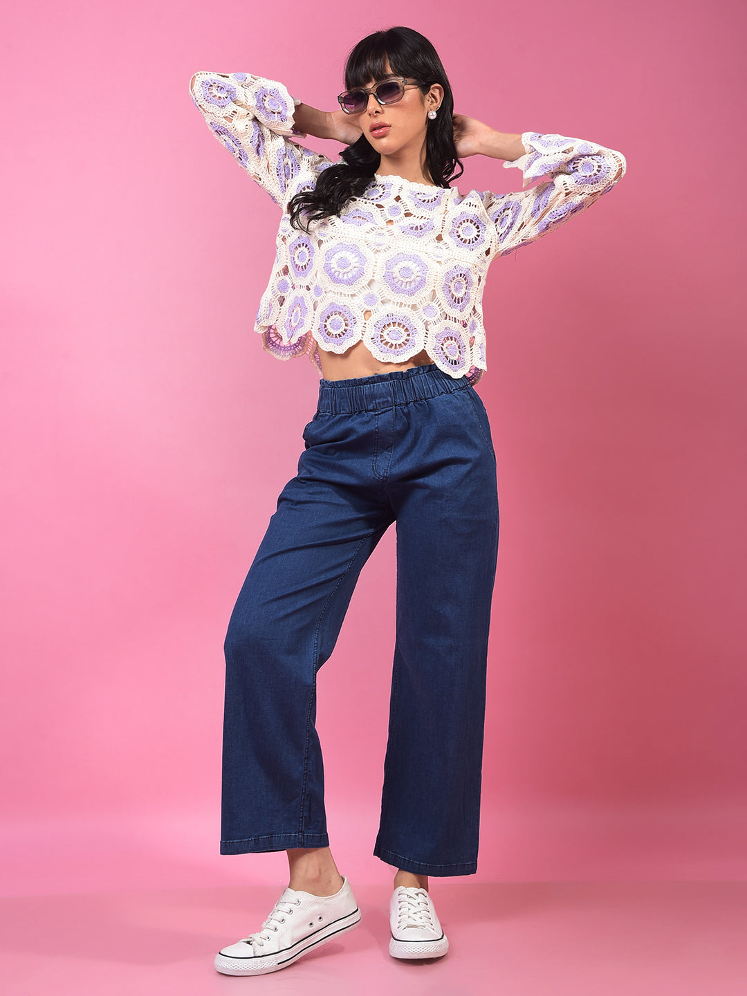 Purple Embroidered Crochet Top-Women Tops-Crimsoune Club